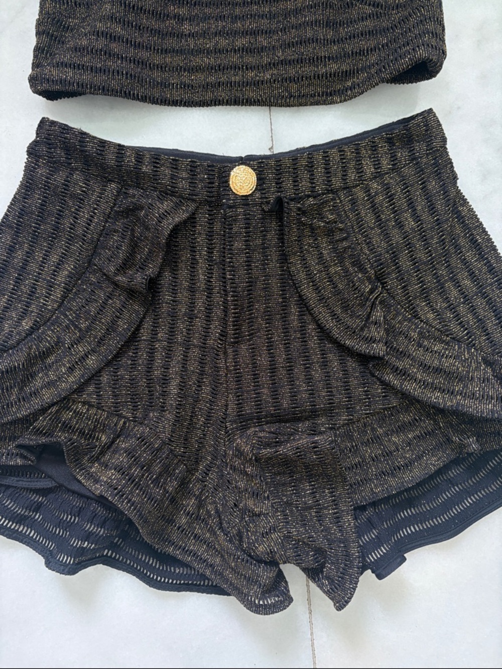 PatBO Black and Gold Metallic Knit Crop Top & High-Waist Shorts - Picture 3 of 6